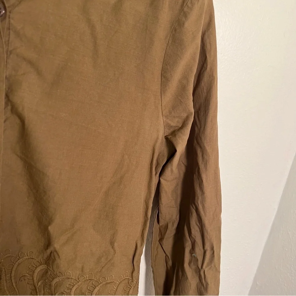 J. Crew Women's Sz 0 Delaney Eyelet-Trim Shirt Spiced Olive Green Tan Collarless